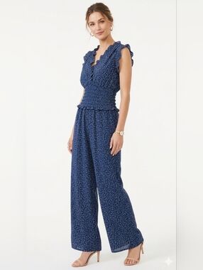 Max Studio Navy Smocked Ruffle V-Neck Wide-Leg Jumpsuit Size M.